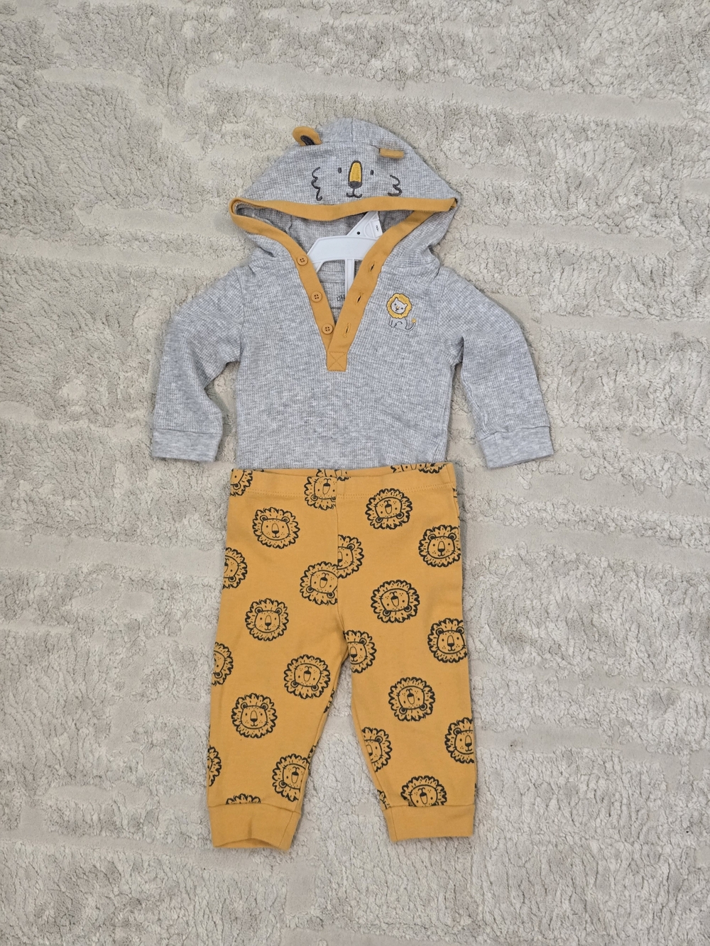 Little Me Lion Set - Gray Hooded Bodysuit with Mustard Lion Print Pants